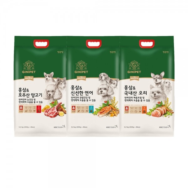 페오펫몰,정관장 지니펫 더홀리스틱 홍삼사료 5.2kg 3종 중 택 1(연어/오리/양고기)