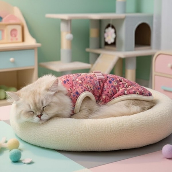 페오펫몰,하네스 필요없는 강아지 누빔 조끼 강아지 패딩 조끼 하네스 일체형 퀼팅 겨울 옷 누빔 산책용 꽃무늬 소형견 중형견