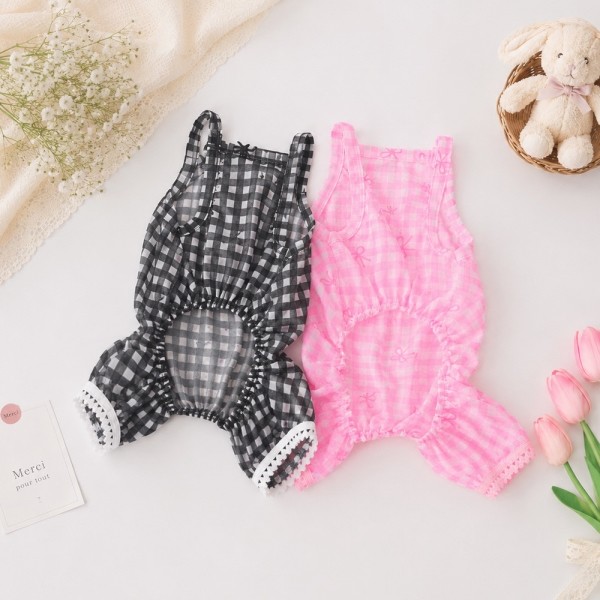 페오펫몰,그루밍독 체크메쉬 리본 올인원 S-XL, 2colors