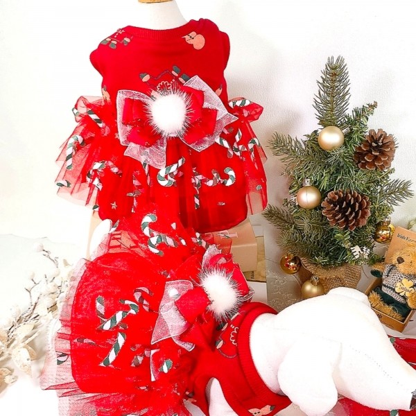페오펫몰,[감사특가]플로피이얼스,크리스마스 레드켄디 강아지드레스,애견원피스
