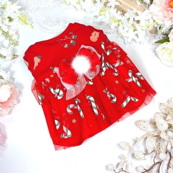 페오펫몰,플로피이얼스,크리스마스 레드켄디 강아지드레스,애견원피스